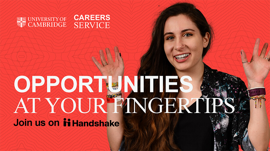 Handshake Cambridge banner featuring a woman doing jazz hands against a red background. The text reads Opportunities at your fingertips, join us on Handshake