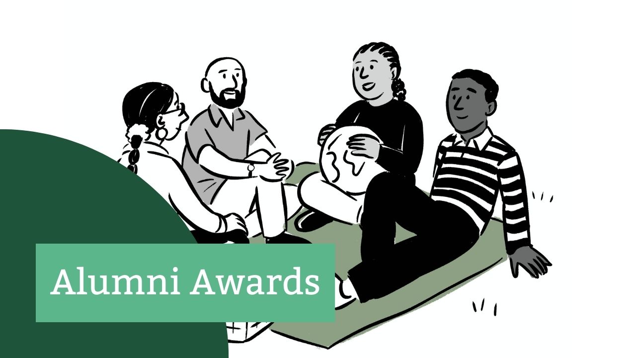cartoon illustration of alumni sat on green grass chatting and relaxing