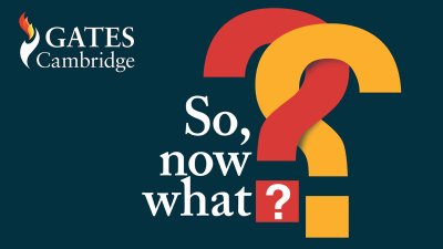 Gates Cambridge 'So, now what?' podcast logo featuring two interlocking question marks