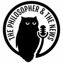 The Philosopher & The News podcast logo: an owl beside a microphone
