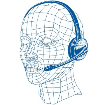A wireframe head wearing a headset