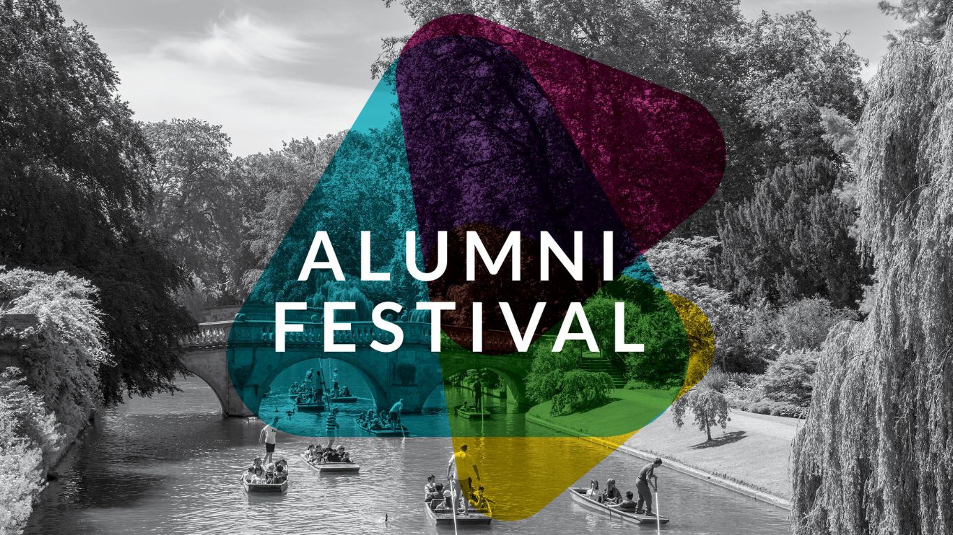 Alumni Festival logo of 3 interlocking triangles is set over the backdrop of punts on the canal.