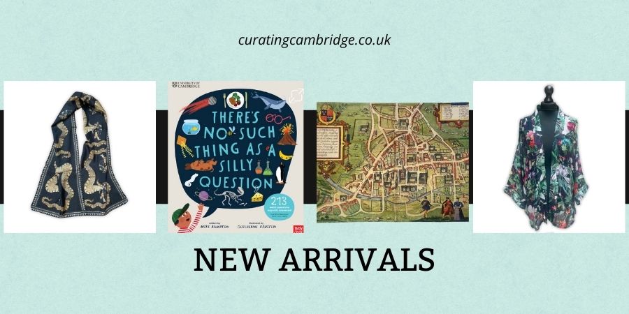 Four images of new products in a straight line, Silly Question front cover, floral kimono, map of cambridge tea towel and scarf