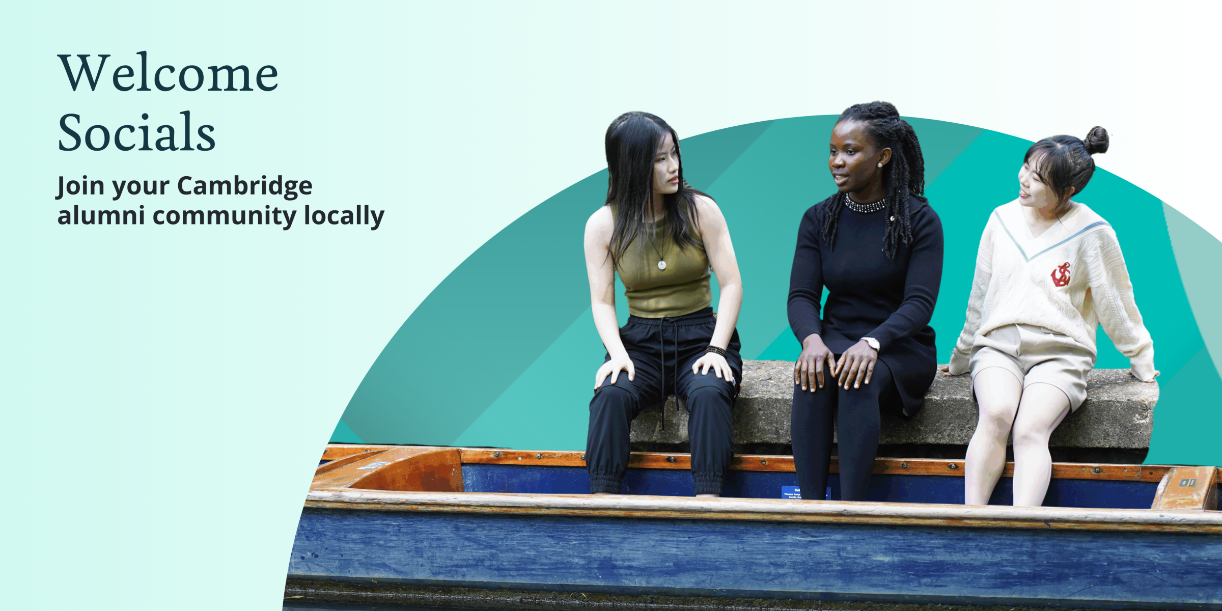Three students sat on the banks of the Cam, feet in a punt, text: welcome socials