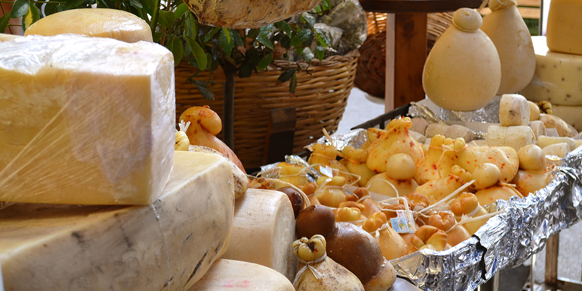 Market stall full of different cheeses