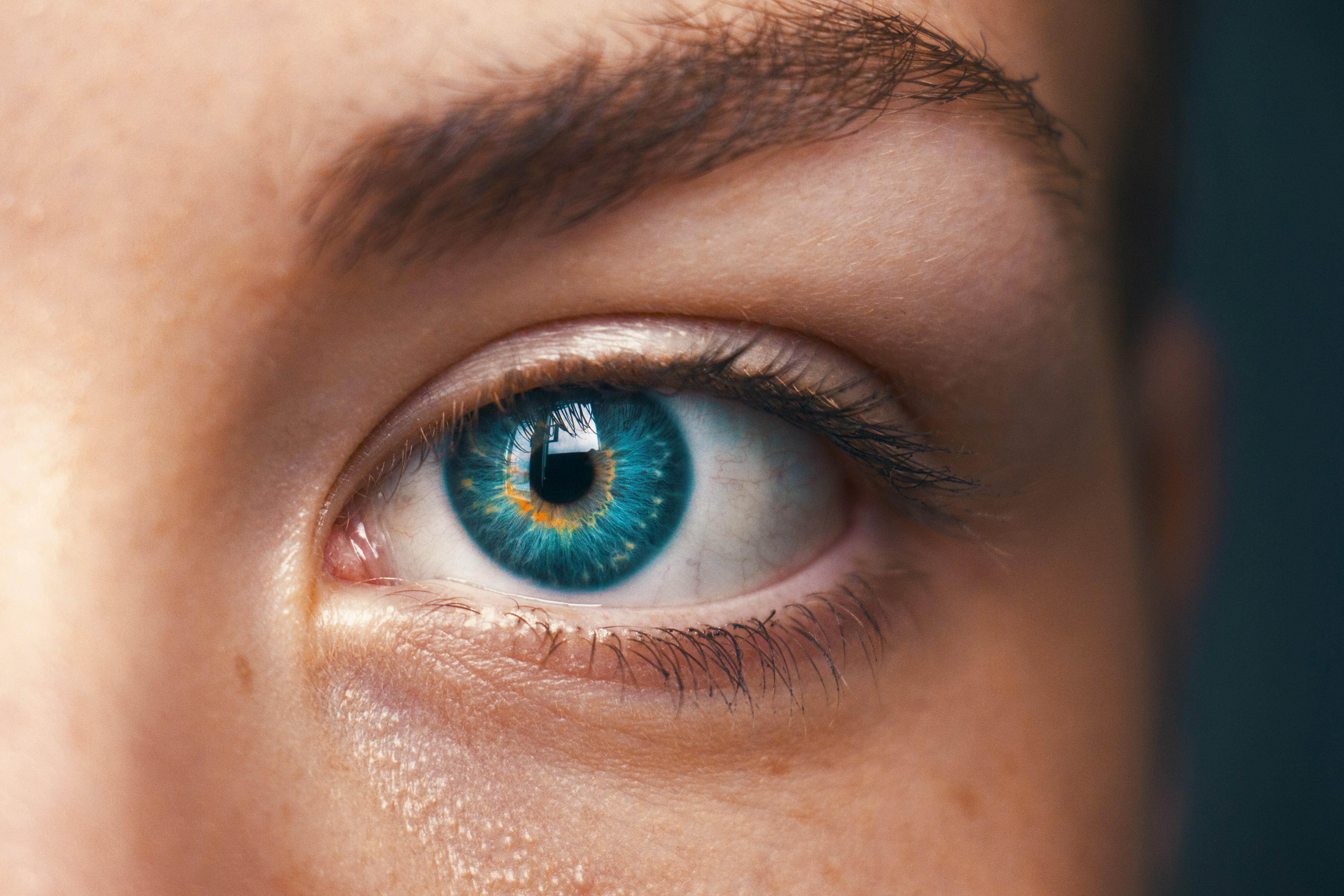 Human eye, blue with yellow discolouration and black iris