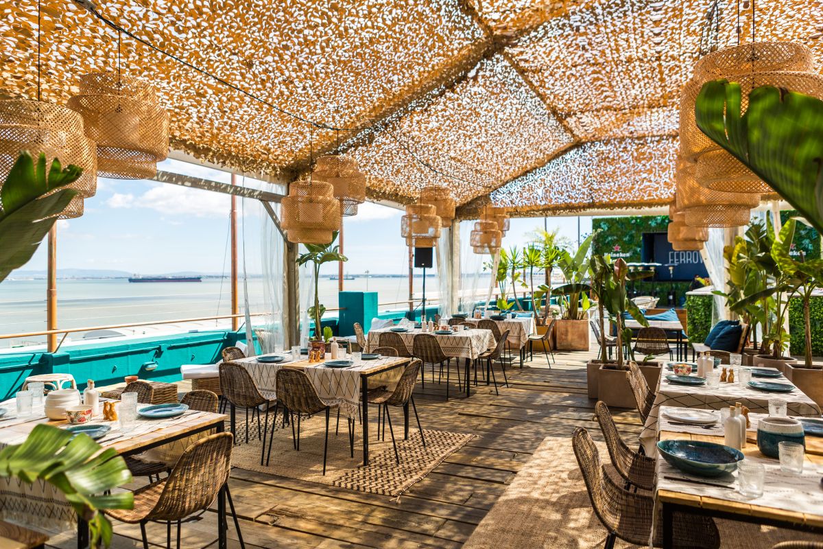 A rooftop terrace overlooking the sea