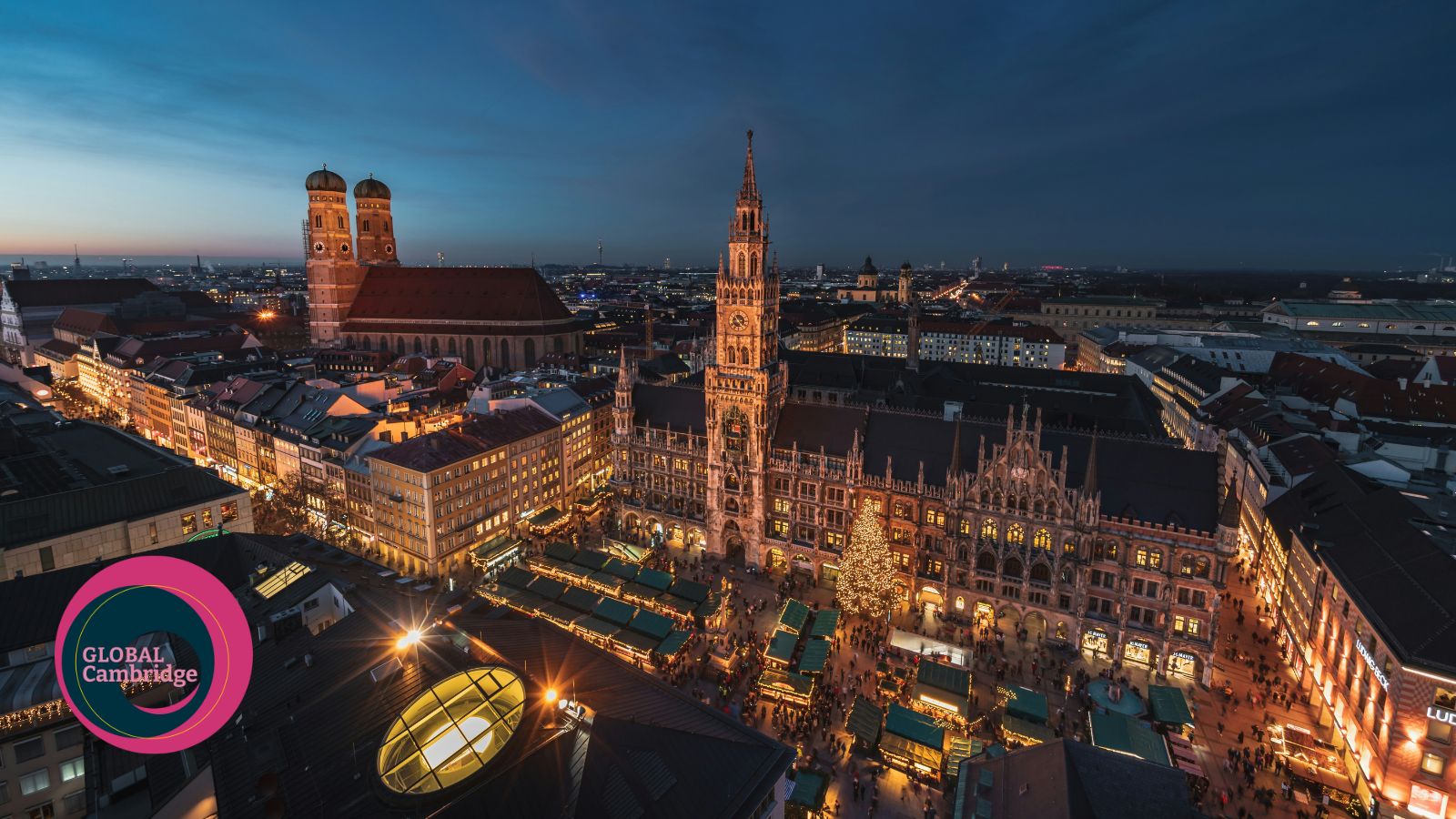 an aerial view photograph taken at night of munich city centre