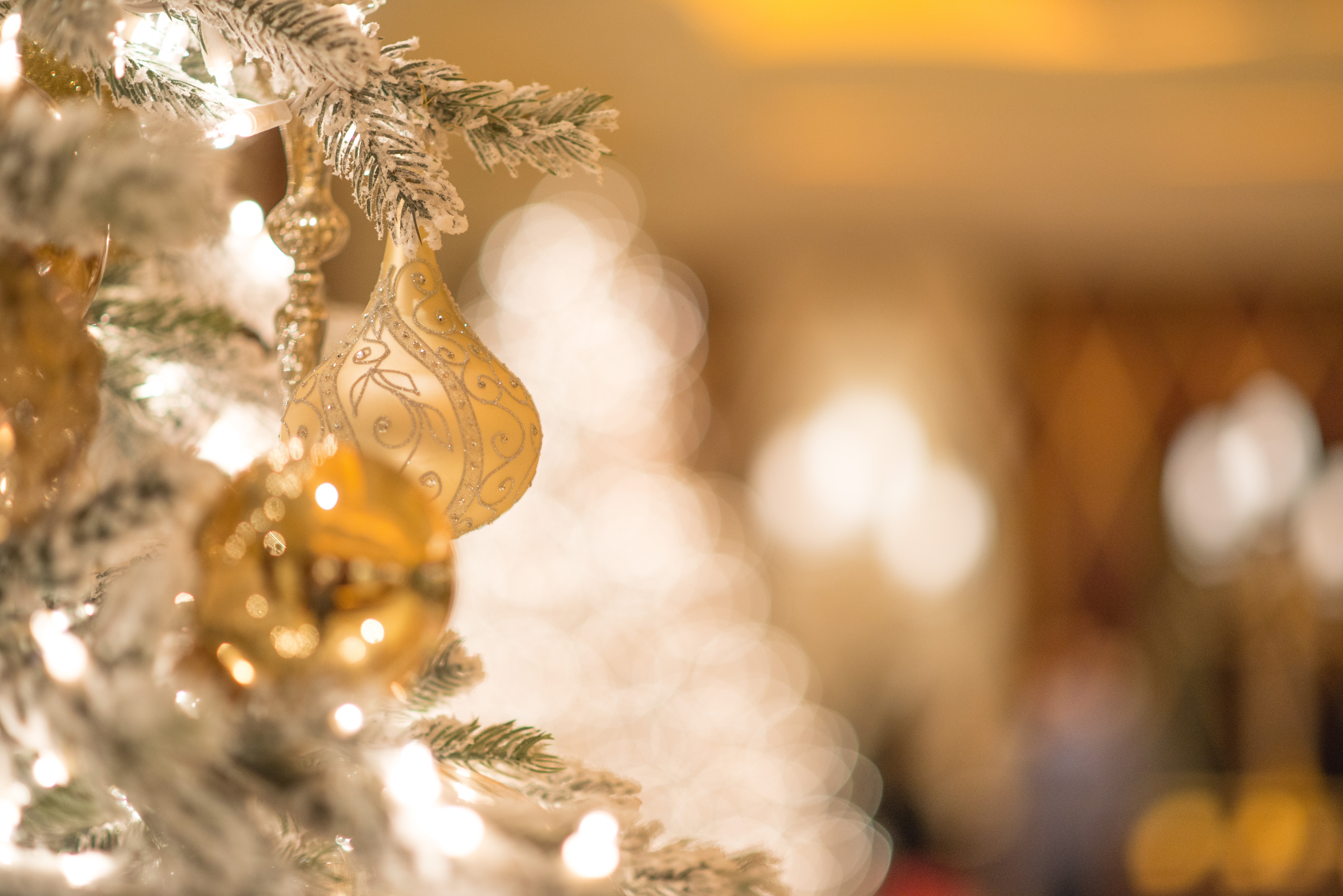 Gold ornament hanging from a Christmas tree