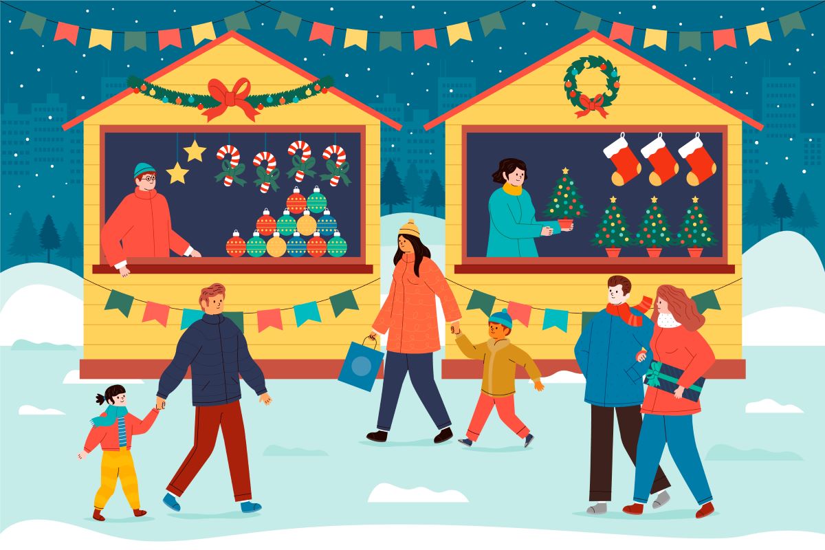 A cartoon depicting people walking around a festive street market in the snow.