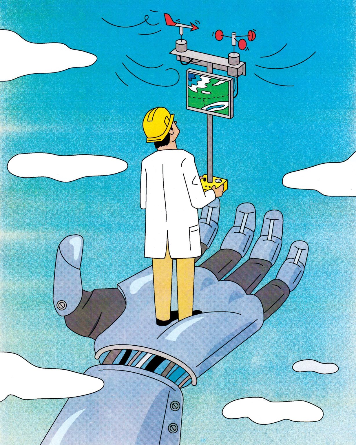 Man holding scientific equipment, standing on robot hand