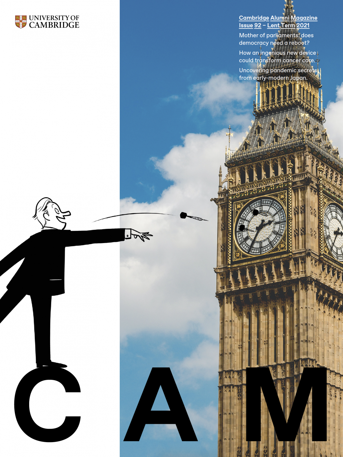 Cover of CAM 92 showing a man throwing darts at Elizabeth Tower (Big Ben)