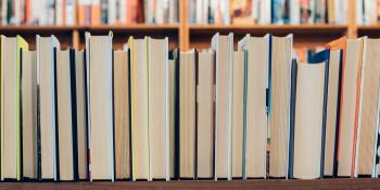Close up of a bookshelf with only the fore-edges visible