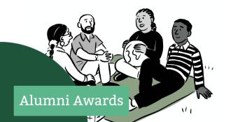 cartoon illustration of alumni sat on green grass chatting and relaxing