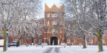 Jesus college with snow