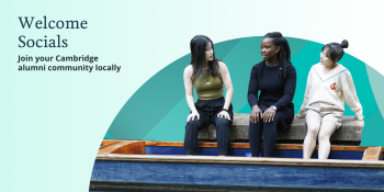 Three students sat on the banks of the Cam, feet in a punt, text: welcome socials