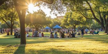 Park in the sunshine with people having a picnic