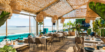 A rooftop terrace overlooking the sea