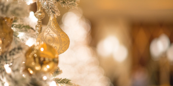 Gold ornament hanging from a Christmas tree