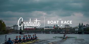 photograph showing cambridge and oxford boat crews on the river thames with text overlays