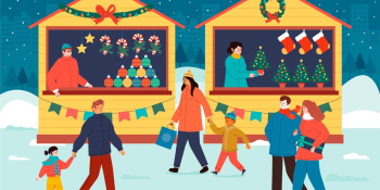 A cartoon depicting people walking around a festive street market in the snow.