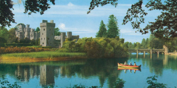 Old postcard of rural scene featuring a castle and rowing boat