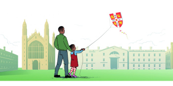Child with father flying kite over King's College