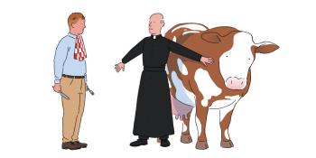 Man in dog collar protecting cow from man holding knife and fork