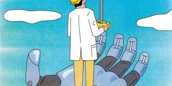 Man holding scientific equipment, standing on robot hand