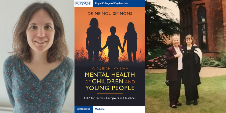 Mei Simmons (left), her recently-published book (middle) and Mei at her Cambridge graduation (right).
