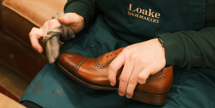 Hand shining a brown shoe