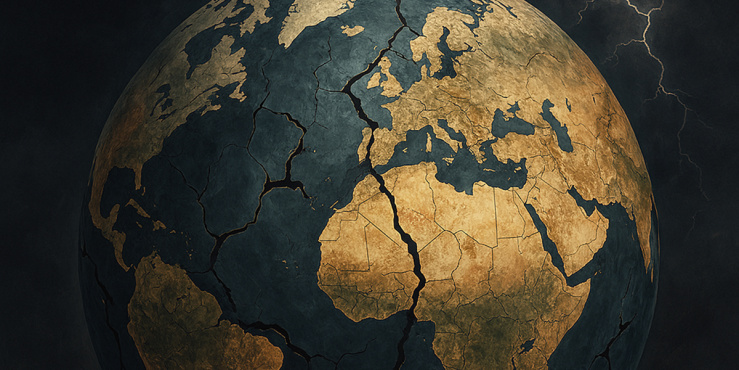 Stylized image of a fractured globe with visible cracks across continents, set against a dark stormy background