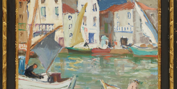 Painting called The Harbour, St Tropez, by John Maclauchlan Milne.