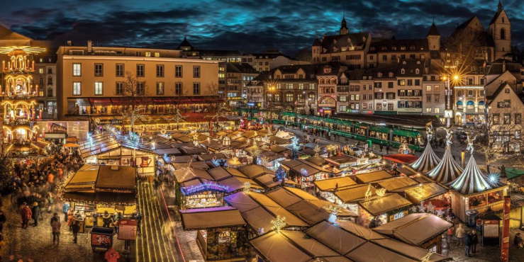 A night time view of Basel Christmas Market
