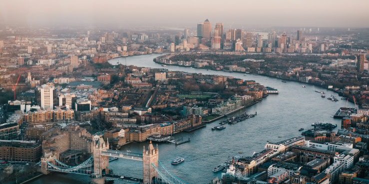 Bird's eye view of London, including Tower Bridge and the Thames