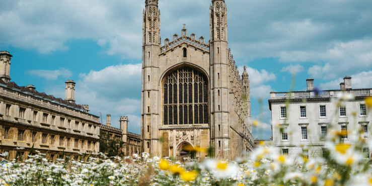 King's College Chapel seen from a meadow of wild summer flowers