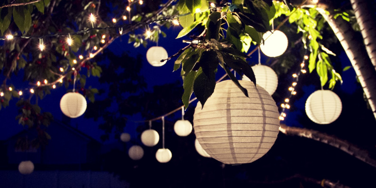 A number of sphere shaped lampshades light up a tree in the night sky