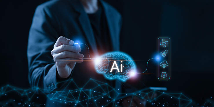 AI generated image on a man giving data to AI and seeing the output
