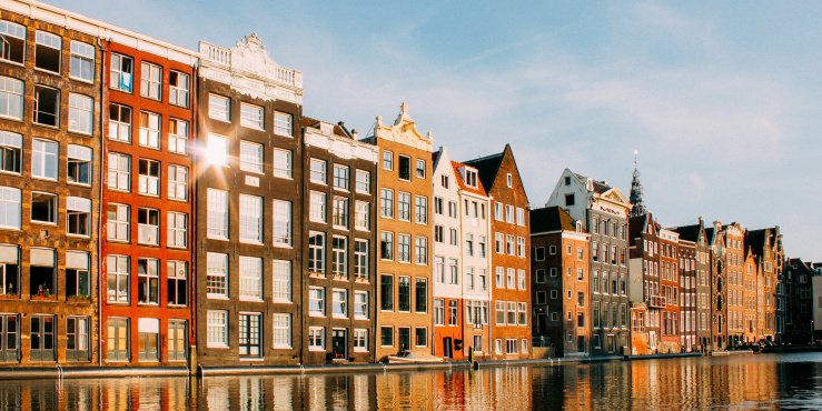 A street of typical Dutch houses in Amsterdam