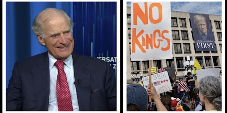 James D. Zirin image next to an image of a No Kings protest