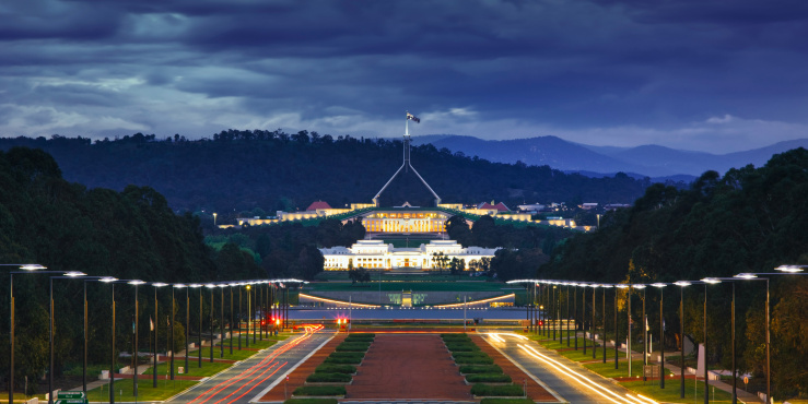 Night time photo of Parliament House, Canberra