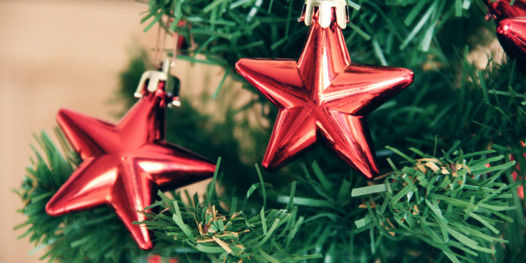 Two red star shaped ornaments adorn a Christmas Tree
