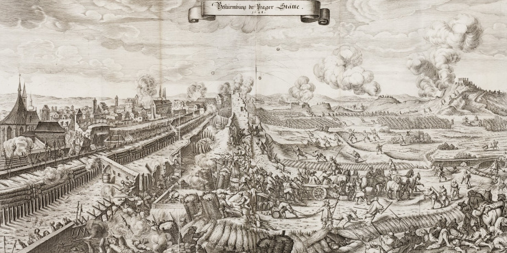The final battle of the war; the Swedish Siege of Prague in 1648 - ink drawing of a wooden city under siege
