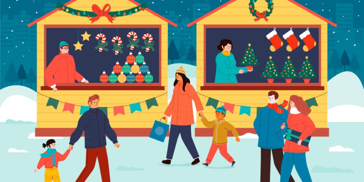 A cartoon depicting people walking around a festive street market in the snow.