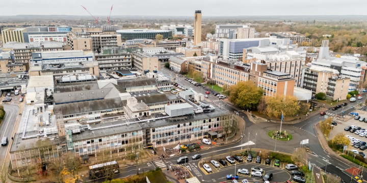 Aerial drone image of the Cambridge Biomedical Campus today, showing the Addenbrooke's Outpatients building in the foreground.