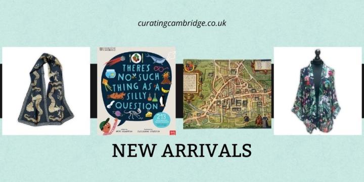 Four images of new products in a straight line, Silly Question front cover, floral kimono, map of cambridge tea towel and scarf