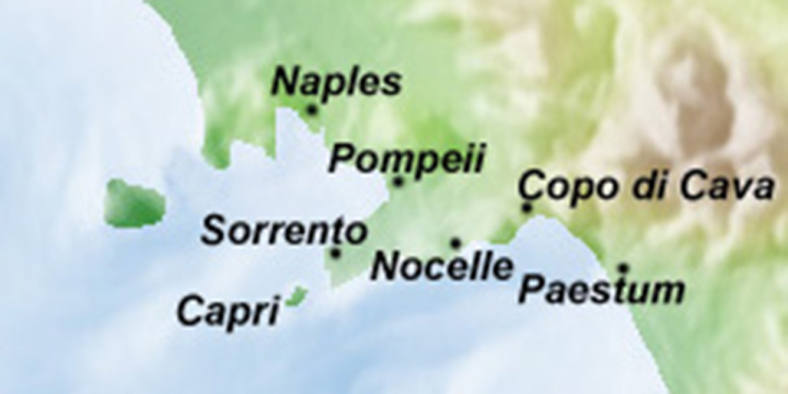 Map of southern Italy pinpointing Naples, Pompeii, Sorrento Capri