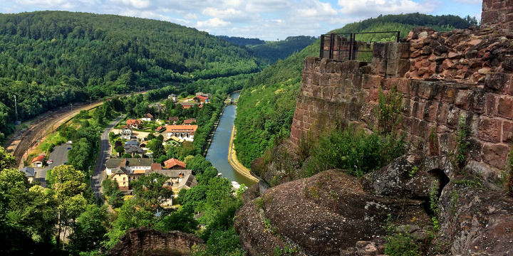 Ariel view of looking down the river with green forests either side