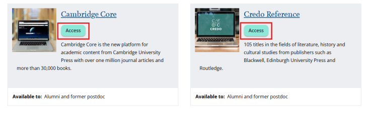 Screenshot of the journals list page with the access buttons highlighted