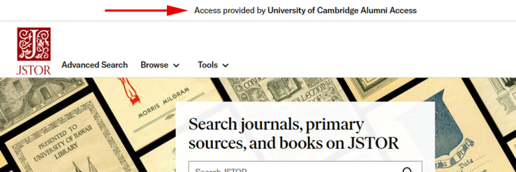 Example screenshot of what a user can expect to see when accessing a journal. There is a red arrow pointing to the message in a banner at the top of the page. The banner reads "Access provided by University of Cambridge Alumni Access".